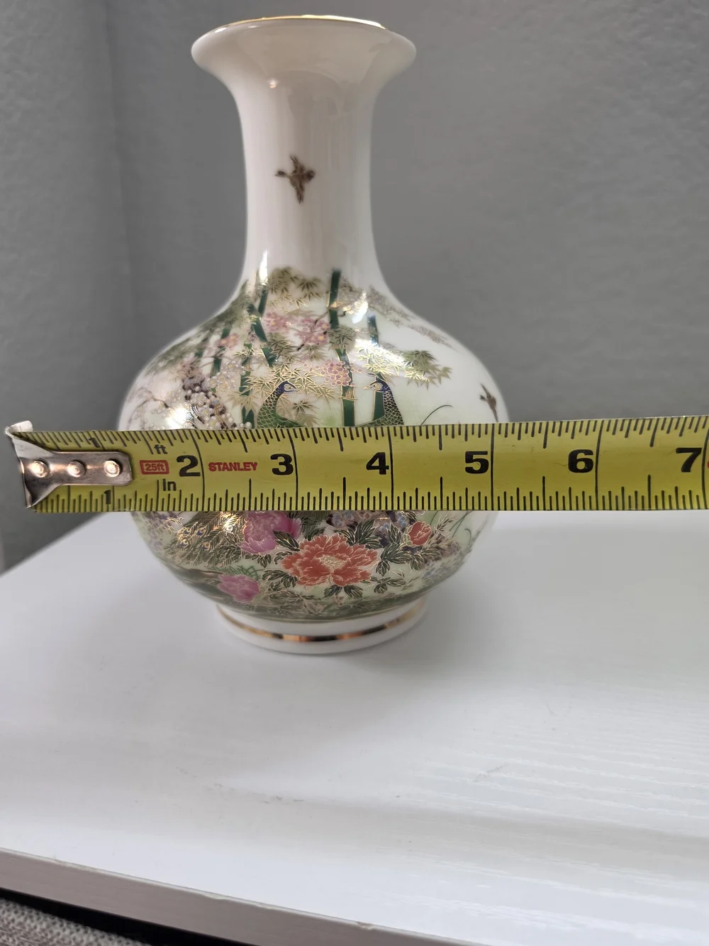 Vintage Hand-Painted White Porcelain Peacock Vase with Gold Accents From Japan